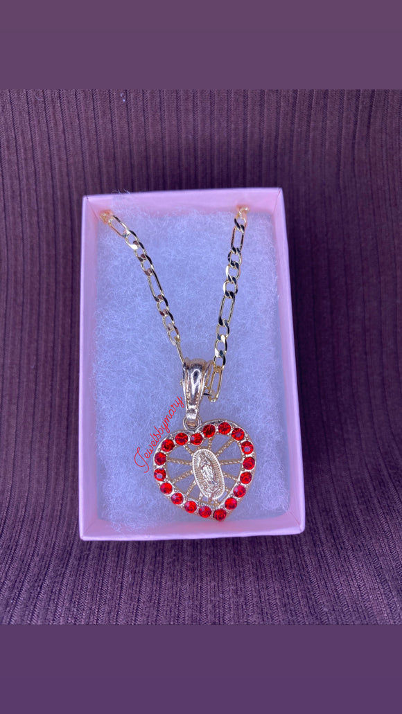 Red heart Virgen Mary necklace