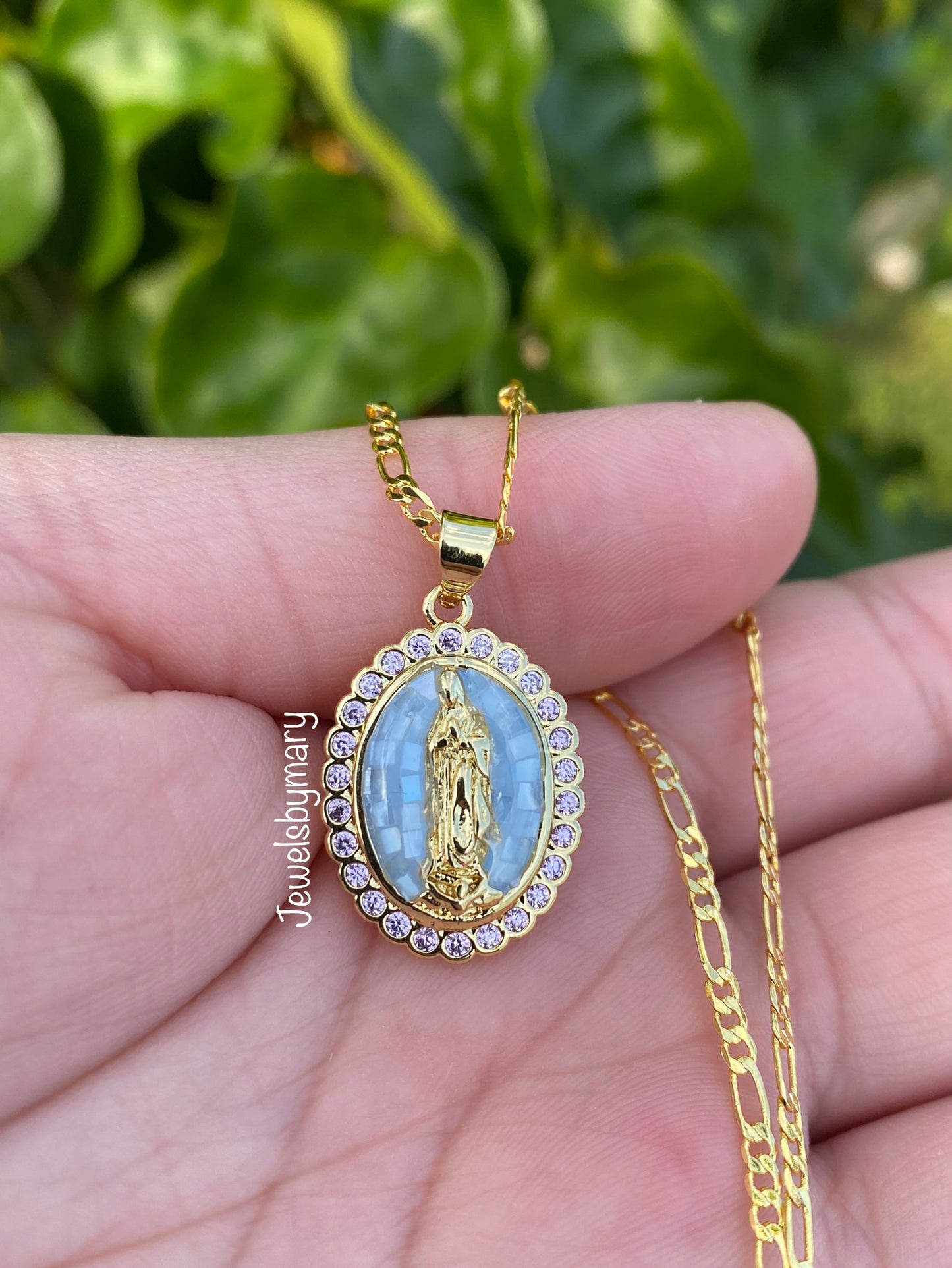 Baby blue Virgencita necklace